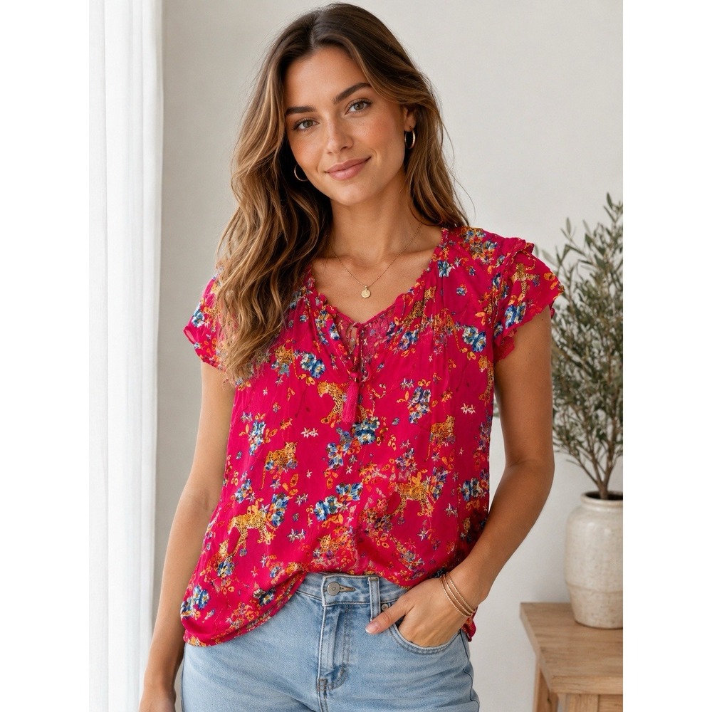 Rose + Olive Women's Pink Floral Tiger Top Short Sleeve Size Large